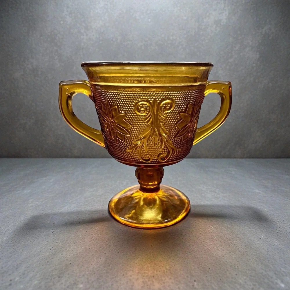 Vintage Tiara Amber Glass Pedestal Sugar Bowl Candy Dish Pressed Glass
